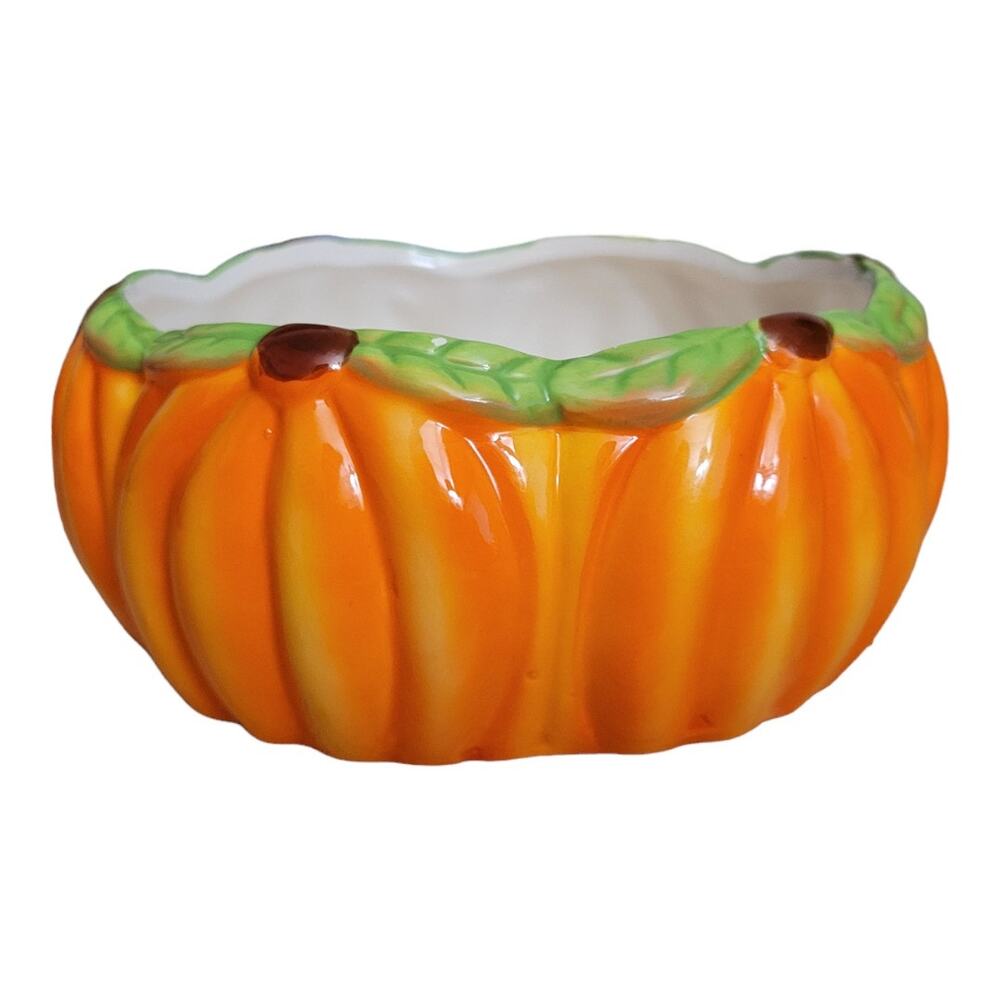 Orange Pumpkin Candy Dish Green Rim Fall Halloween Thanksgiving Decor